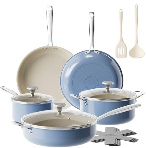 Redchef Ceramic Nonstick Cookware Set,14pcs Pots and Pans Set Non Stick,Induction Cookware with Stainless Steel Handle,Non Toxic Kitchen Cooking Set,Dishwasher & Oven Safe,PFAS PFOA & PTFE Free（Blue）