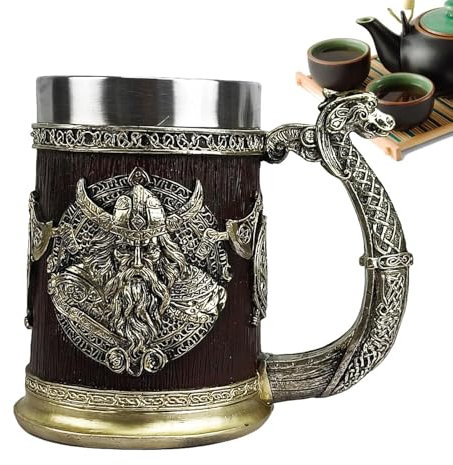 Taza de cerveza vikinga, 600 ml, acero inoxidable, estilo antiguo para hombres, taza de café nórdico, barril de whisky, piedra guerrera medieval para fiestas o fiestas
