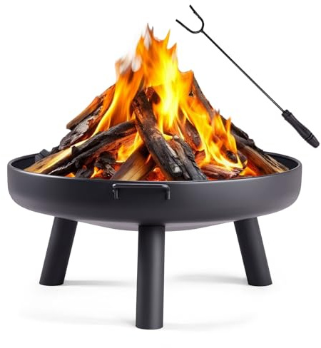 LEADZM Feuerschale Feuerkorb Ø70 cm Schwarz | Eisenkonstruktion, 2 Stabile Griffe Mit Feuerhaken, Für Holz & Kohle, Feuerstelle Für Garten, Terrasse Und Outdoor Lagerfeuer