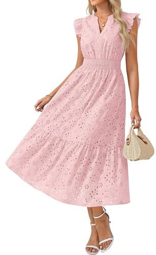 GRACE KARIN Damen Freizeitkleid mit Flügelärmeln, Henley-V-Ausschnitt Sommerkleid, Leichtes Midikleid in Wadenlänge Rosa L