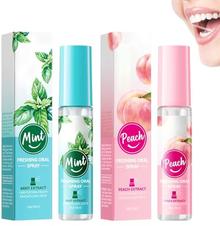 Set Minze+Pfirsich Mundspray, Mundspray mit Fruchtgeschmack,Atemerfrischer Mundgeruchspflege, Bekämpft Mundgeruch, Hält den Atem Frisch, Reduziert das Gefühl von Mundtrockenheit, 18ML*2
