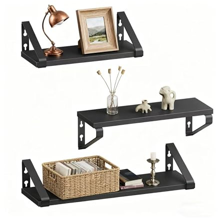 Relaxdays Wandregal, 3er Set, 3 Größen: 30, 35, 40 cm Breite, Holzoptik & Metall, Wandbretter für Bücher & Deko, schwarz