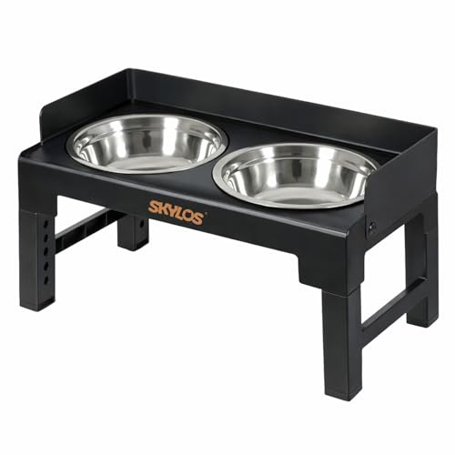 Skylos Raised Dog Bowls for Small Medium Large Dogs, 6 Height Adjustable Elevated Dog Bowl Stand with 2 Stainless Steel Bowls, 10° Tilt, Splash Guard, Foldable Dog Feeding Station