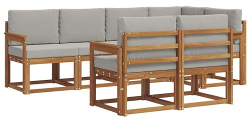 vidaXL Outdoor-Sofagarnitur mit Kissen 7 pcs Natürlich und Hellgrau, Garten Lounge Set, modernes Outdoor-Sofa, Bequeme Gartenmöbel, massives Holz-Sofa, vielseitige Garten-Couch