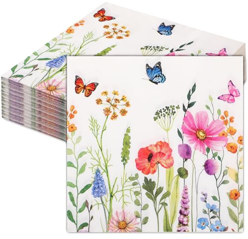 Bighan Papierservietten mit Blumenmuster 100er-Packung 2-lagig 33 x 33 cm | Schmetterlings- und Wildblumenmuster, Einwegservietten für Hochzeiten oder den täglichen Gebrauch