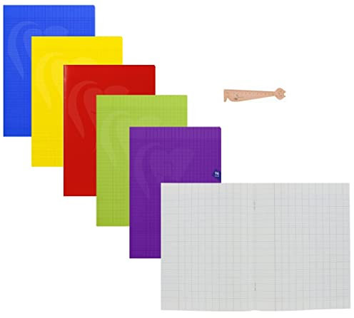 Lot de 5 cahiers Grands Carreaux Séyès 96 pages 21 x 29,7 + 1 Règle Marque-page en Bois Blumie