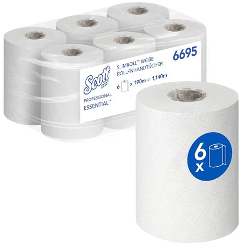 Scott Essential Essuie-Mains Roulés Slimroll 6695 Papier Blanc, 1 Voie, Compact et Absorbant, Distribution Contrôlée, 6 Rouleaux x 190 m (1 140 m au Total)