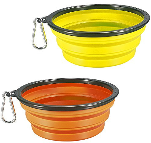 Gamelle pour Chien, Comsun Pliable Extensible Bol pour Chien Chat Silicone Eau Nourriture pour Animaux Domestique Portable Gamelle de Voyage (Large, Orange+Jaune)