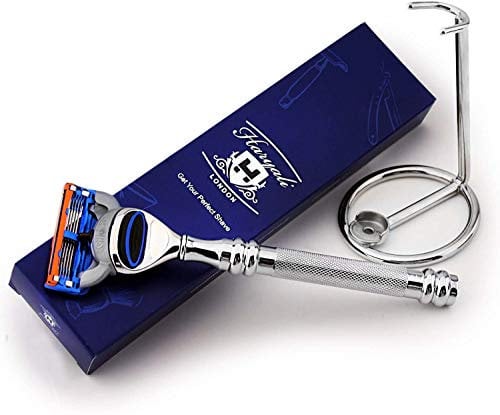 Ensemble rasoir à 5 lames en acier inoxydable compatible avec cartouche de rasage et support en acier inoxydable – Sélection de luxe de rasage – Cadeau pour lui