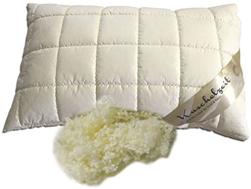Merino Schafschurwolle Kopfkissen Kissen in 40x60 cm mit 375 Gramm Schurwoll Kügelchen zur individuellen Höhenverstellung und unterstepptem Baumwollbezug - Made in Germany