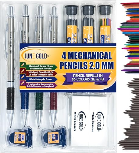 June Gold 4 Pro Druckbleistifte 2,0 mm, 36 farbige Minen, 2B und 4B Nachfüllungen, 2 Spitzer, 2 wischfeste Radiergummis, integrierte Spitzer und weicher, rutschfester Griff