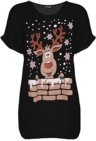 Fashion Star Womens Xmas Turn Up Sleeve Santa Reindeer Naughty Girls Get More Presents Christmas Oversized Baggy T Shirt Top