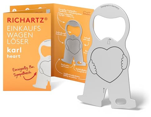 RICHARTZ EINKAUFSWAGENLÖSER karl heart| Multitool Schlüsselanhänger | 9 praktische Funktionen | matt gestrahlter Edelstahl | Schlüsselanhänger Werkzeug inkl. Funktionsbeschreibung