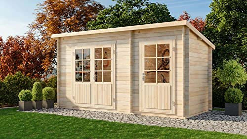 Alpholz Gartenhaus Martina-28 mit Anbau aus Massiv Holz | Gerätehaus mit 28 mm Wandstärke | Garten Holzhaus inklusive Montagematerial | Geräteschuppen 450 x 200 cm | Pultdach