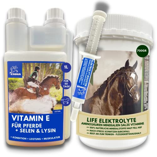 Pferde Elektrolyte Pulver & Elektrolyte Pferd Paste & Selen Vitamin E Pferd für Muskulatur & Muskelaufbau Regeneration Durchfall Schwitzen I Aufbaufutter Energie Aminosäuren komplex 30ml 1L 700gr