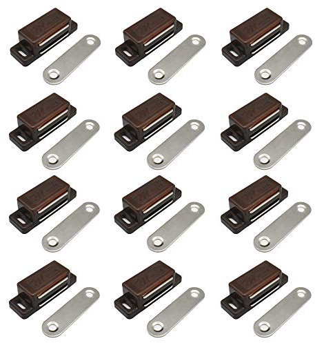 12Pack Cupboard Magnetic Door Catch for Cabinet Heavy Duty Magnet Catches Kitchen Latch Small Home Furniture Plastic Shell Metal Plate with 48pcs Screws (Brown)