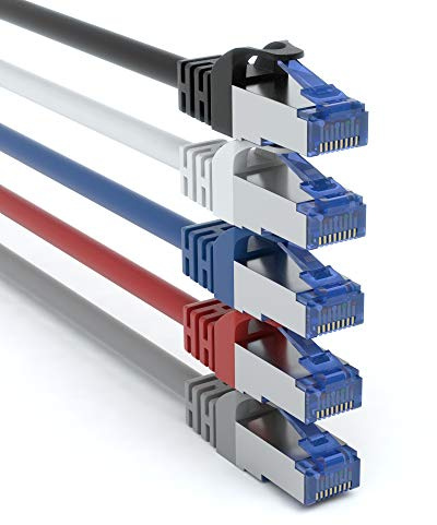JAMEGA - 5 Stück - 2m CAT 7 Netzwerkkabel Gigabit Ethernet LAN Kabel in 5 Farben | 10000 Mbit s | Patchkabel Cat.7 Rohkabel SFTP PIMF Schirmung RJ45 Stecker | Switch Router Modem Access Point