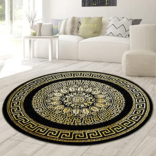 Teppich-Traum runder pflegeleichter Wohnzimmerteppich mit Mäander Muster in schwarz Gold, Größe 160 cm rund