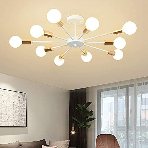JIINOO Unterputz Deckenleuchte, Moderne Weiße Kronleuchter, 10 Licht E27 Sockel Industrielle Halbdecken Pendelleuchten Deckenlampe für Schlafzimmer Wohnzimmer Küche Bauernhaus Kunstausstellungshalle