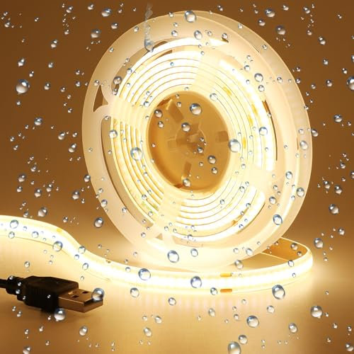 GOMING DC 5V USB COB LED Strip Warmweiß 3000K IP65 Wasserdicht LED Streifen Warmweiss 2M 320LED/M CRI 93+ LED Band Selbstklebend Lichtband für Heim Küche Deko