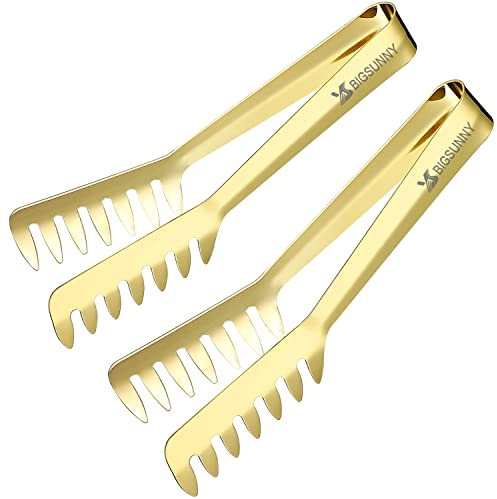 MSY BIGSUNNY 8 Inch Stainless Steel Pasta Tongs, Spaghetti Tongs with Teeth, Serving Tongs for Noodles, Spaghetti, Cooking (Set of 2, Shiny Gold)