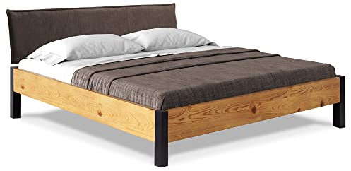 moebel-eins CURBY Bett Metallfuß, mit Polsterkopfteil, Material Massivholz, rustikale Altholzoptik, Fichte, 120 x 200 cm, Natur, Stoff Braun ohne Steppung