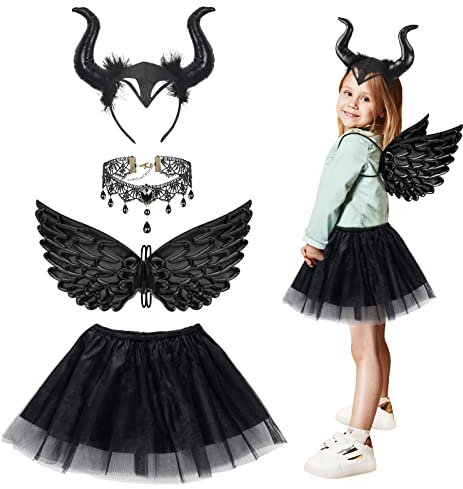 Fennoral 4TLG Karneval Teufel Kinder Böse Königin Hörner Haarreif mit Dunkler Teufelsflügel Spitzenhalskette Tutu Cosplay Kostüm für Fasching Halloween Maskerade Rollenspiele