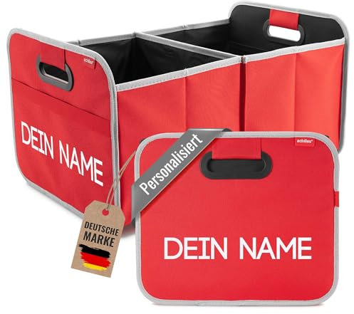 achilles Auto Faltbox mit Name, Kofferraumtasche personalisierbar, Kofferraum-Organizer, Autotasche, Falt-Korb, Kofferraumtasche, Box mit Druck, Rot, 50 cm x 32 cm x 27 cm