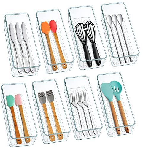 Hudgan 8 Pack Clear Plastic Drawer Organizer Bins Set, Stackable Cutlery Storage Bins Trays for Organizing Kitchen, Bathroom, Office, Crafts, Gadgets, Cabinet Supplies