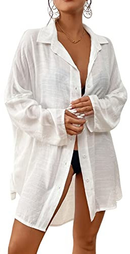Bsubseach Cache Maillot de Bain Femme Plage Chemise Été Tunique Paréo Cover Up Blouse Top Blanc