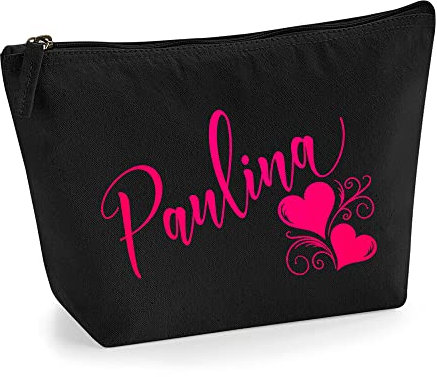 Personalisiert Name Initialen Herz Wirbel Kosmetiktasche Damen Schminktasche für Handtasche Makeup Tasche - Glitter oder Flocke Material Druck - Neonrosa Flocke - M | Schwarz