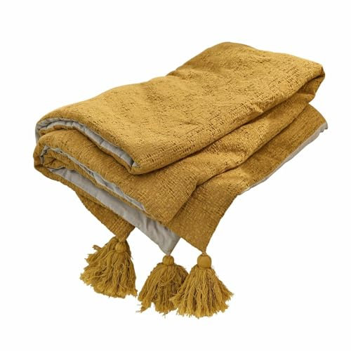 Loberon Plaid Rabea, kuschelig weiche Haptik, hübsche Tasseln & Abnäher, Boho-Flair, Wohntextilien, Überwurf, Outdoor, Picknickdecke, Baumwolle, Polyester, gelb