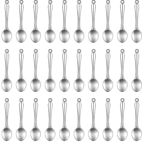 JKJF 30 Pcs Mini Spoon Charms Pendants Tiny Spoon Pendants Micro Scoops Tableware Charms Bulk Pendant for DIY Crafts Bracelet Earrings Necklace Jewelry - Silver