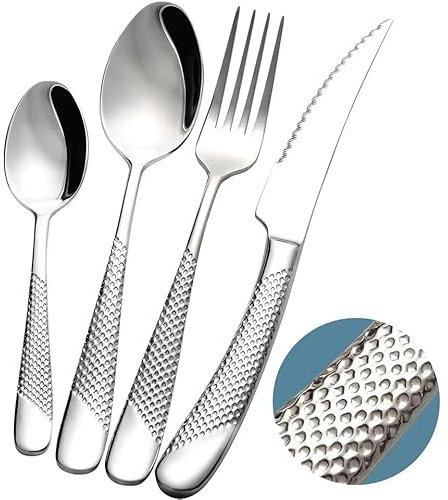 Exeton Luxury Signature 24 PCS Cutlery Set, for 6 People, Stainless Steel, Silver, Gold, 2-in-1 Steak Knives, Dishwasher Safe (Signature - Silver, 24)