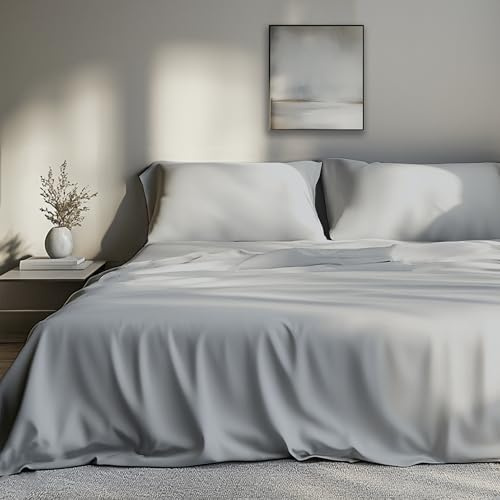 EKOSCIOUS 100% Eucalyptus Tencel Sateen Bed Sheet Set with 2 pillowcase, Double Size, 18 Inch Deep Pocket | (Grey) - Cool & Softer than Bamboo and Silk Sheets