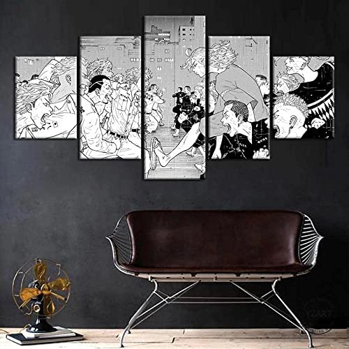 MUICIN Leinwandbilder, 5 Leinwandbilder, 5 Wandbilder, Wohnzimmer Dekor, modulare Wandkunst mit Rahmen, Anime Tokyo Avengers,M