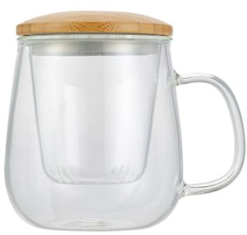 Soulnioi 420ML Glass Tea Cup with Infuser and Lid, Clear Teacup for Loose Leaf Tea, Tea Bag (Wooden Lid)