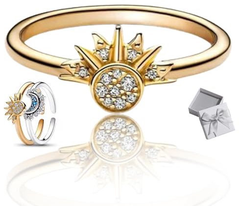 KURTIK 925 Sterling Silver Sun & Moon Ring, to My Best Friend, Sun and Moon Ring Set for Women, Friendship Promise Matching Ring, Sun and Moon Matching Rings, Sparkling Sun and Moon Ring (A)