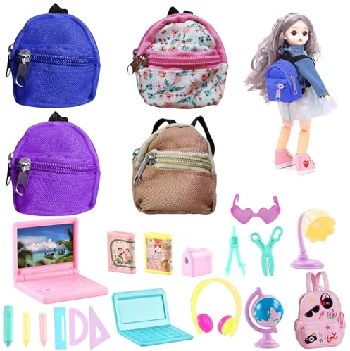 HOMURY Mini-Rucksäcke Puppenhaus Zubehör - 4 Stück Kleine Schultaschen und 18 Stück Miniatur Schulbedarf Set - Dekorative Modell Rucksäcke und Bücher für Puppenhaus