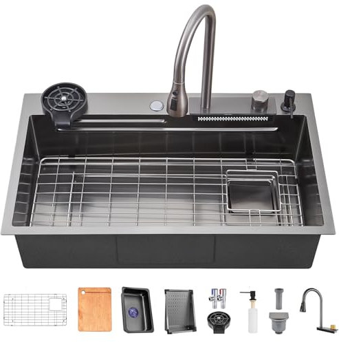 TULAZOU Fregadero de cocina, gris oscuro 304 fregadero de acero inoxidable,81x50cm fregadero de cocina cascada, fregadero multifuncional con múltiples accesorios (81x50cm)