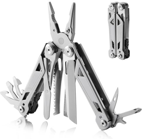 TESCOACH Camping and Survival Multi-Tool Foldable Pliers with 17 Built-in Tools, Repairing Gadget, Silver, Nylon Pouch, Gift for Men(9.6 OZ)