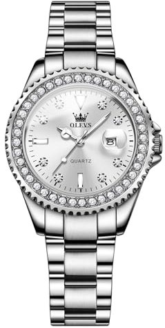 OLEVS Uhr Damen Silber Großes Gesicht Stylish ​Weiß Diamant Quarz Weiblich Armbanduhren Luxus Eleganz Kleid Edelstahl Damenuhr mit Datumsanzeige Leuchtend Wasserdicht Watches for Women