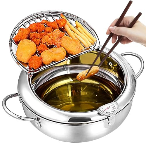 Deep Fryer 3.4 Liter Japanese Style Deep Fryer Stainless Steel Tempura Fryer with Thermometer and Oil Drip Rack 9.5 Inch Small Deep Fryer with Handle for French Fries