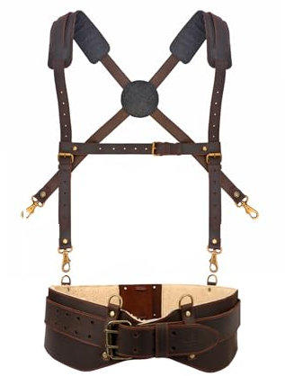 TOURBON Genuine Leather Tool Belt with Brace Heavy Duty Work Suspenders for Electrician Carpenter Construction
