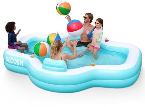 SLOOSH Piscina Inflable con Asientos, 305 x 257 x 66 cm, Piscina Familiar Grande y Resistente para Exteriores, con Respaldo y portavasos, Ideal para Fiestas de Verano en el jardín o el césped, Cian