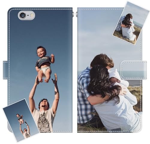 JGOYGYI Personalisierte Leder Handyhülle kompatibel mit iPhone 6 / 6S,Individuelle Eigenem Foto Bild Text Bildern Foldable Flip Klapphüllen Case hülle+Handykette