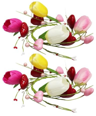 2 anelli per candele con tulipani artificiali, rosa pastello, giallo e rosso rosa, anello per candele floreali da 7,6 cm, decorazione primaverile per San Valentino, candele a colonna (rosa)