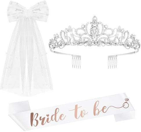 Capaneus JGA Accessoires Frauen, Weiße Schleier JGA Braut, Bride to Be Schärpe, Hochzeit Braut Strass Krone Tiara Silver, Hochzeit Fotorequisiten Partyzubehör