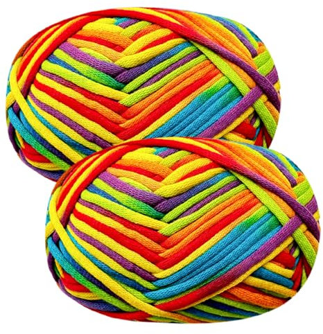 Häkelgarn Baumwolle Häkelwolle Chenille Wolle zum Häkeln 2 X 50g Häkelwolle, Regenbogen Garn Dickes Baumwoll-Nylon-Mischgarn