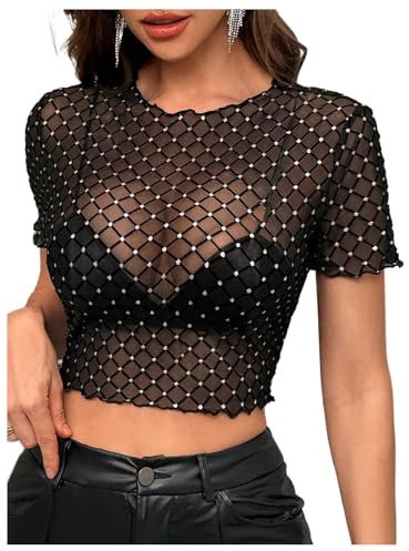 GORGLITTER Women's Glitter See Through Crop T Shirts Crewneck Short Sleeve Sexy Skinny Party Tops Black Large